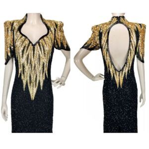 Vintage 80s 100% Silk Beaded Sequins Cutout Back High Shoulder Dress Size XS-M